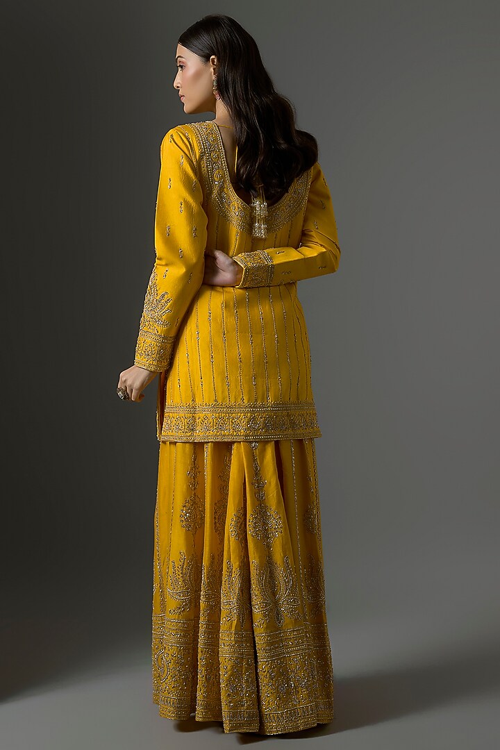 Mustard Chanderi Silk Sequins Embellished Bridal Sharara Set by Kalighata at Pernia's Pop Up Shop