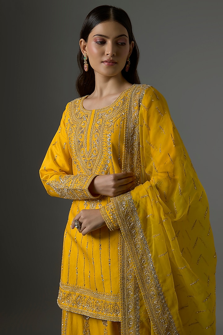 Mustard Chanderi Silk Sequins Embellished Bridal Sharara Set by Kalighata at Pernia's Pop Up Shop