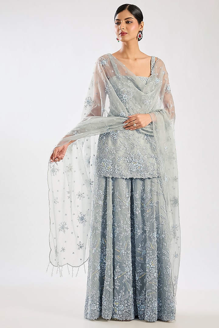 Aqua Organza Embroidered Bridal Sharara Set by Kalighata at Pernia's Pop Up Shop