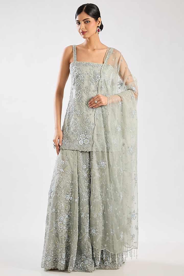 Aqua Net Hand & Machine Embroidered Bridal Sharara Set by Kalighata at Pernia's Pop Up Shop