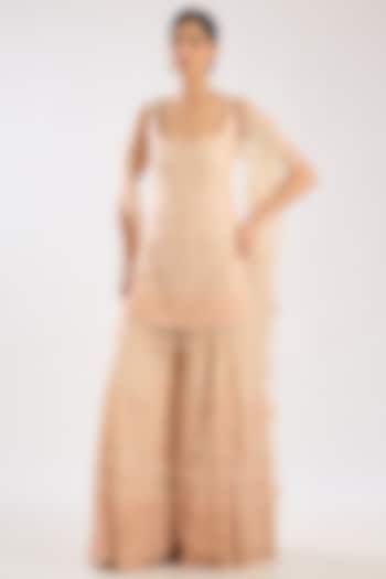 Peach Net Hand & Machine Embroidered Bridal Sharara Set by Kalighata at Pernia's Pop Up Shop