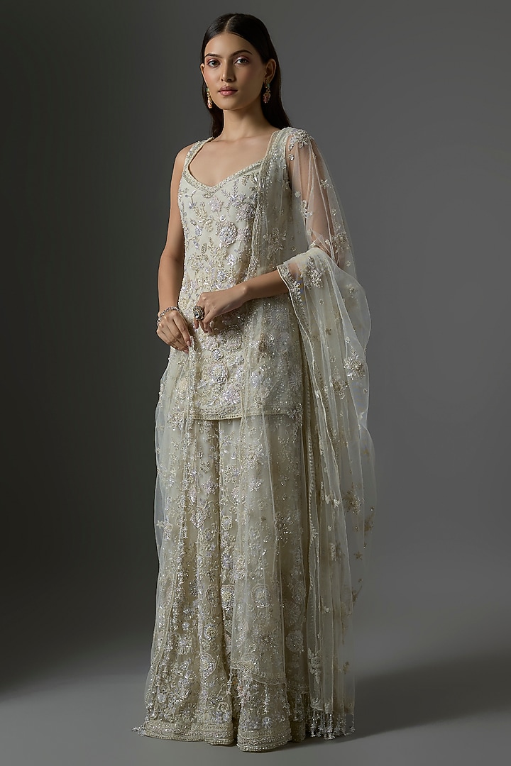 Mint Net Hand & Machine Embroidered Bridal Sharara Set by Kalighata at Pernia's Pop Up Shop