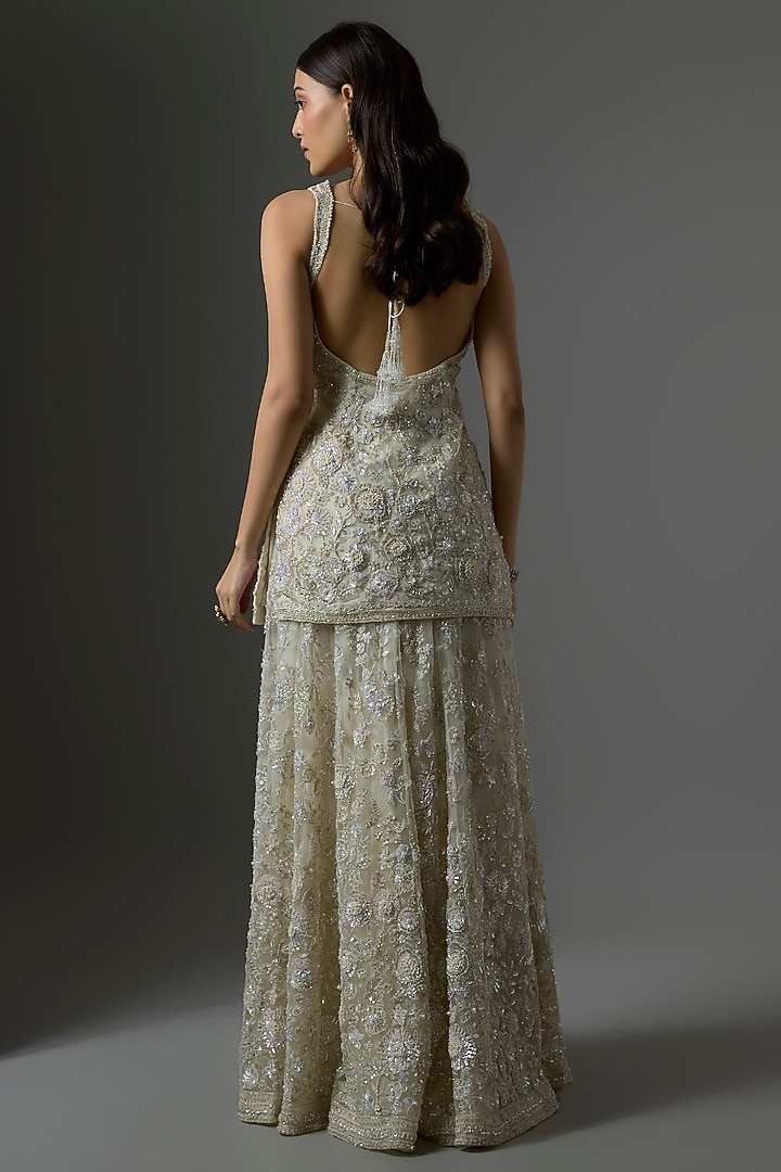 Ivory Net Hand & Machine Embroidered Bridal Sharara Set by Kalighata at Pernia's Pop Up Shop