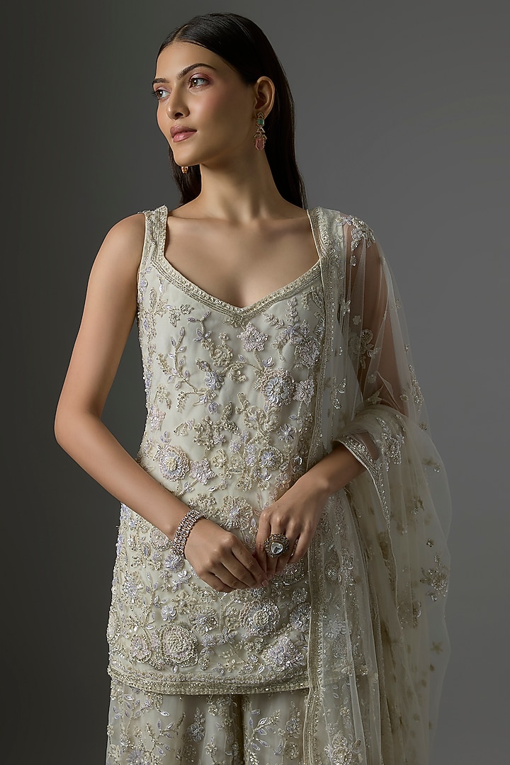 Ivory Net Hand & Machine Embroidered Bridal Sharara Set by Kalighata at Pernia's Pop Up Shop