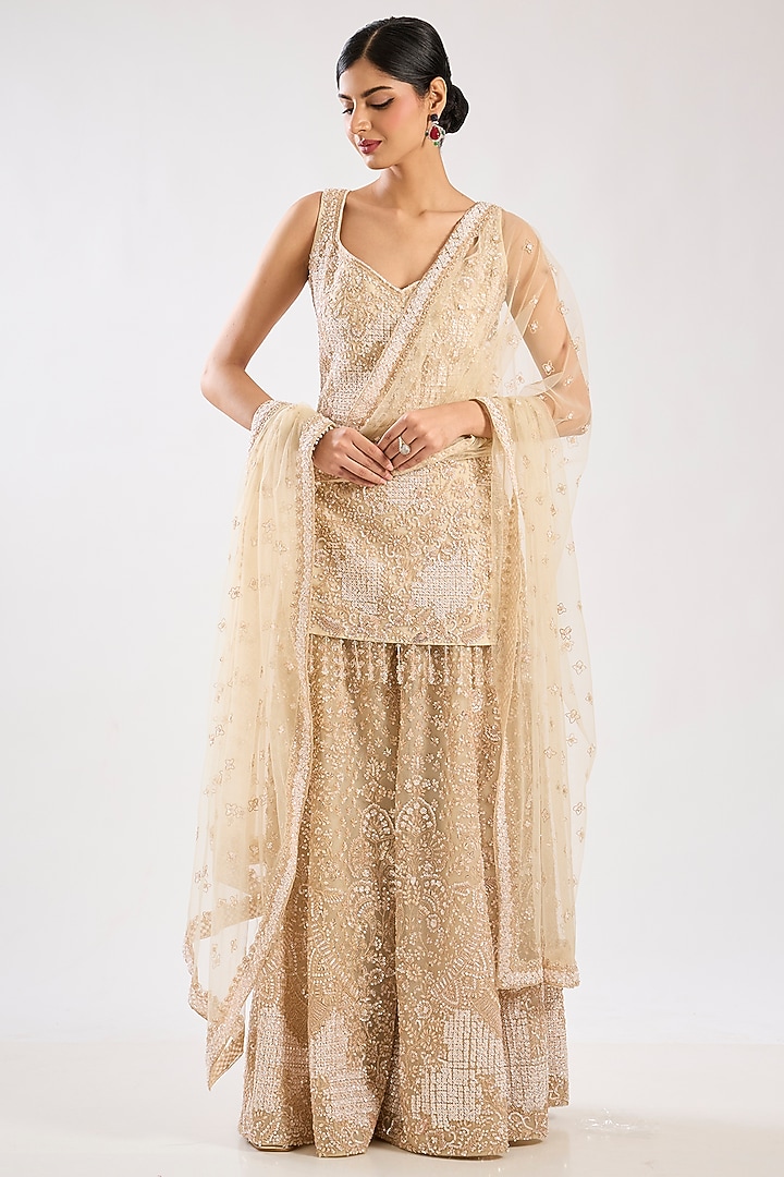 Ivory Organza Embroidered Bridal Sharara Set by Kalighata at Pernia's Pop Up Shop
