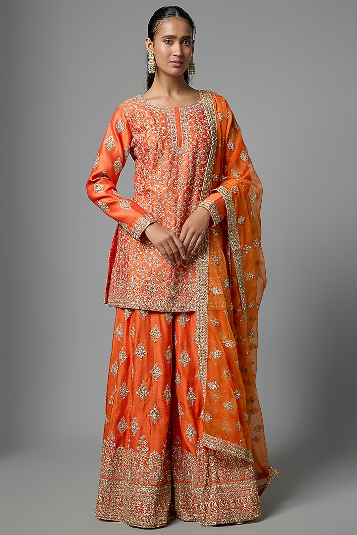 Orange Chanderi Silk Bridal Sharara Set by Kalighata at Pernia's Pop Up Shop