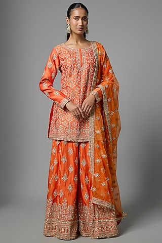 Orange Chanderi Silk Sharara Set by Kalighata