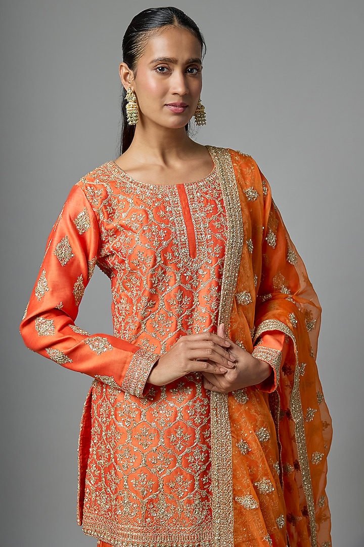 Orange Chanderi Silk Bridal Sharara Set by Kalighata at Pernia's Pop Up Shop