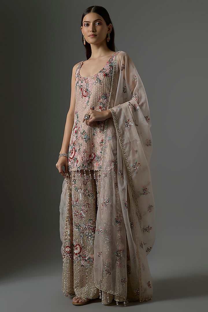 Peach Organza Embroidered Bridal Sharara Set by Kalighata at Pernia's Pop Up Shop