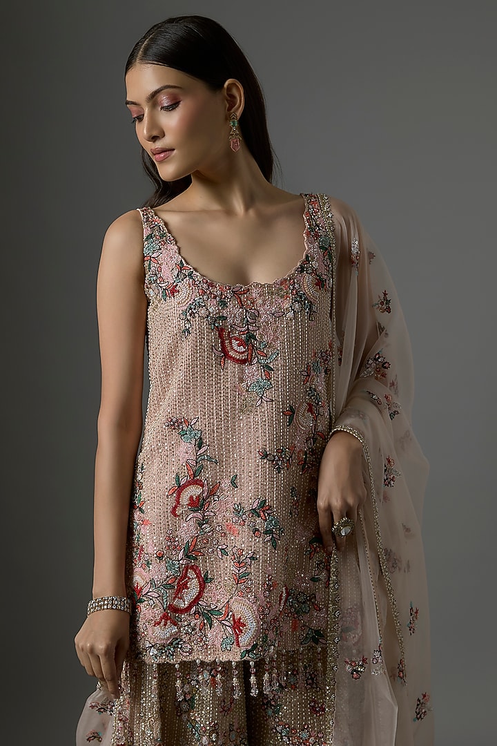 Peach Organza Embroidered Bridal Sharara Set by Kalighata at Pernia's Pop Up Shop