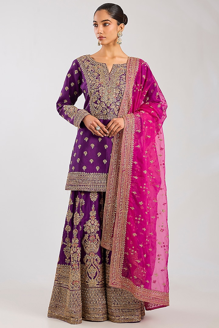 Purple Chanderi Silk Embroidered Bridal Sharara Set by Kalighata at Pernia's Pop Up Shop