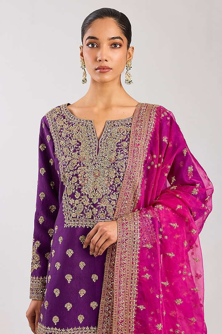Purple Chanderi Silk Embroidered Bridal Sharara Set by Kalighata at Pernia's Pop Up Shop
