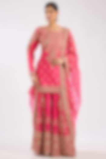 Hot Pink Silk Embroidered Bridal Sharara Set by Kalighata at Pernia's Pop Up Shop