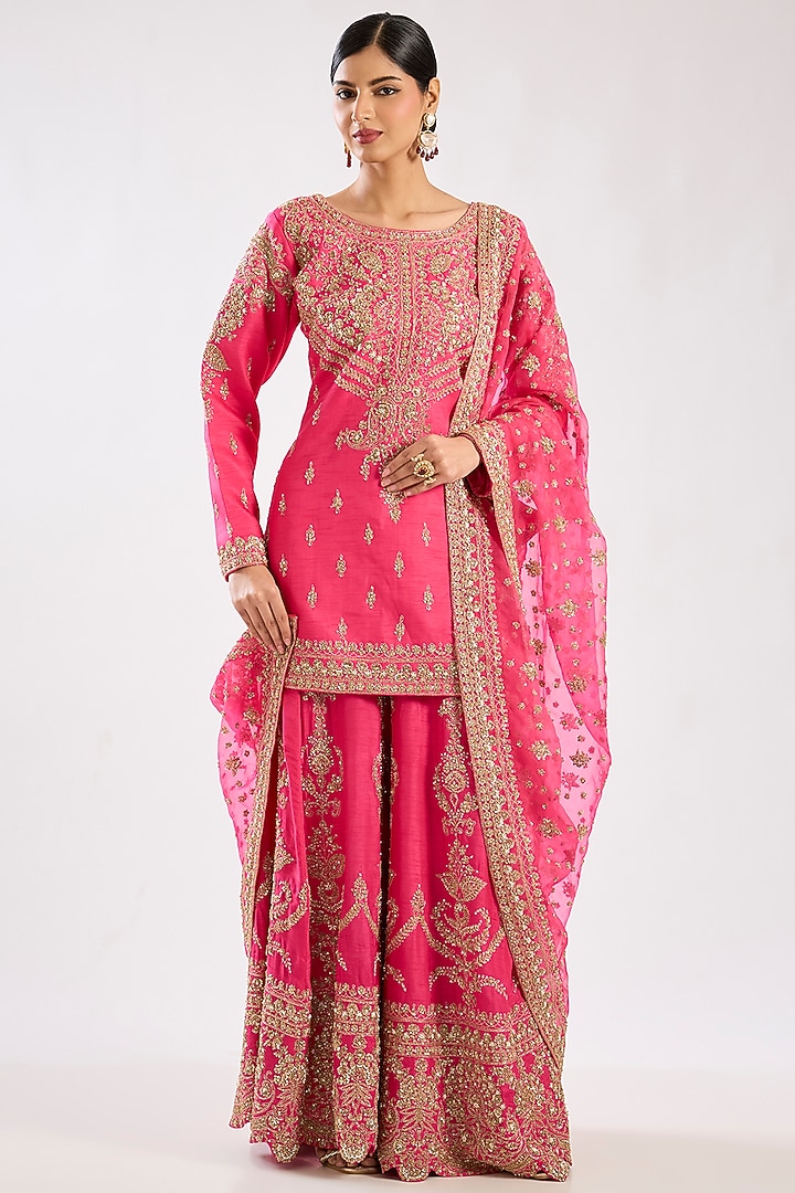 Hot Pink Silk Embroidered Bridal Sharara Set by Kalighata at Pernia's Pop Up Shop