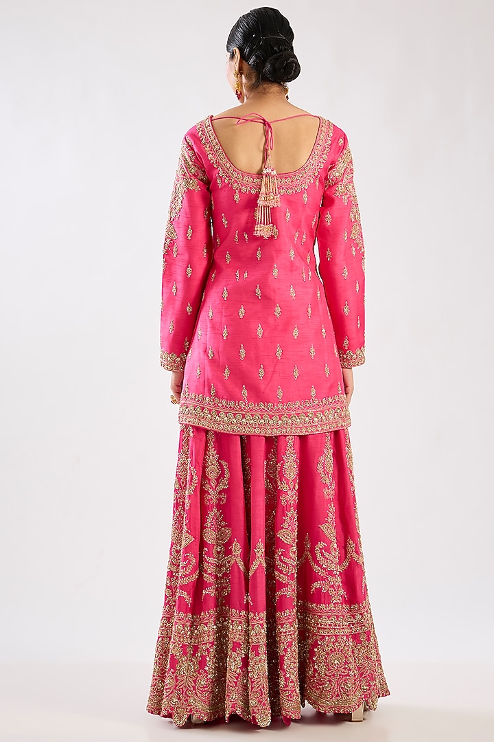 Hot Pink Silk Embroidered Bridal Sharara Set by Kalighata at Pernia's Pop Up Shop