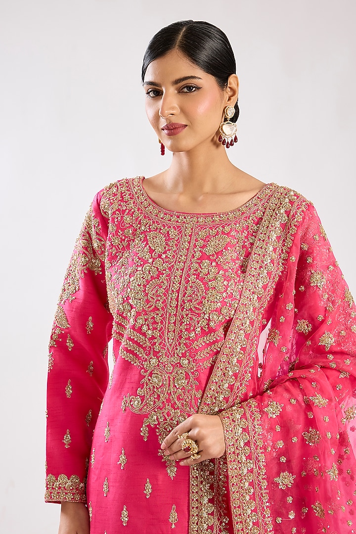 Hot Pink Silk Embroidered Bridal Sharara Set by Kalighata at Pernia's Pop Up Shop