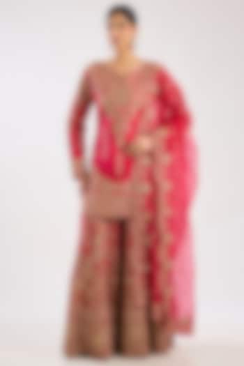 Cherry Red Chanderi Silk Sequins Embellished Bridal Sharara Set by Kalighata at Pernia's Pop Up Shop