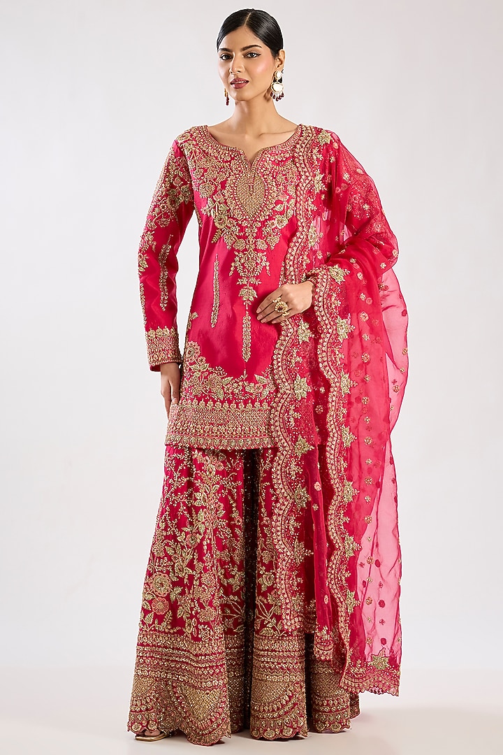 Cherry Red Chanderi Silk Sequins Embellished Bridal Sharara Set by Kalighata at Pernia's Pop Up Shop