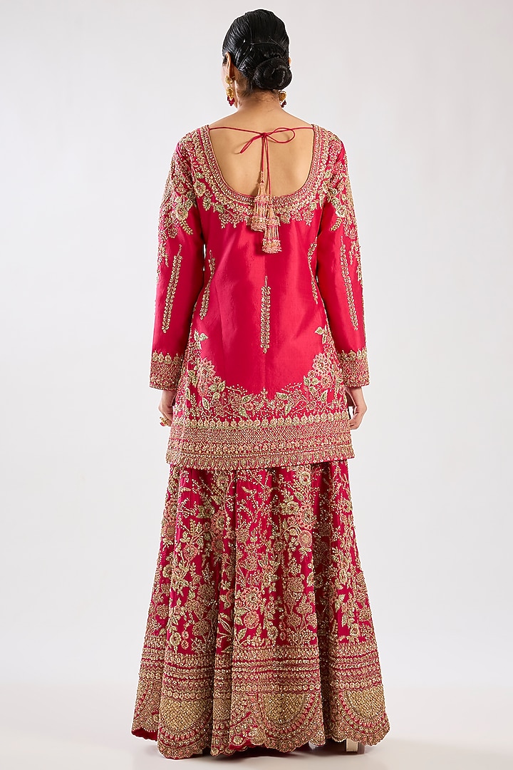 Cherry Red Chanderi Silk Sequins Embellished Bridal Sharara Set by Kalighata at Pernia's Pop Up Shop