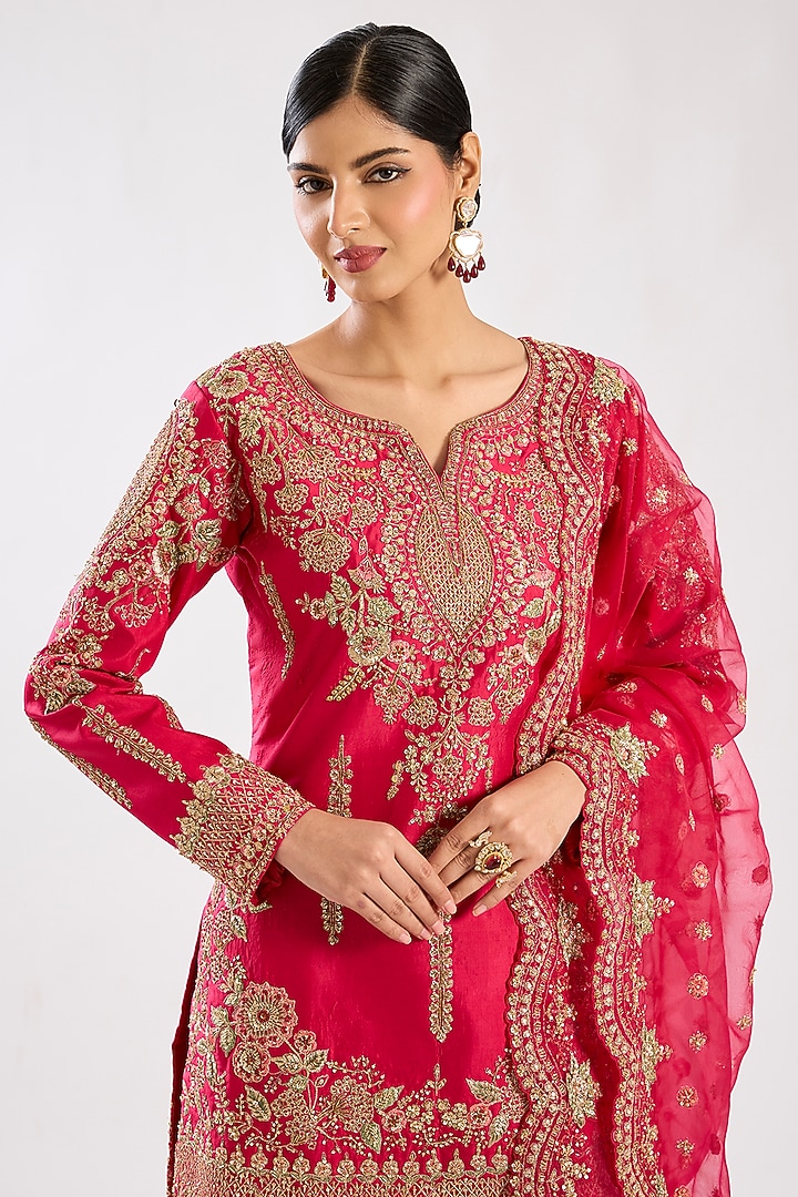 Cherry Red Chanderi Silk Sequins Embellished Bridal Sharara Set by Kalighata at Pernia's Pop Up Shop