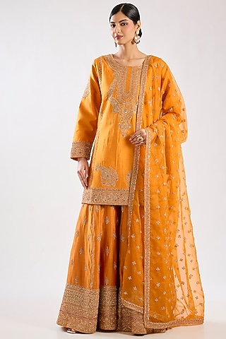 Rust Chanderi Silk Sequins Embellished Sharara Set by Kalighata