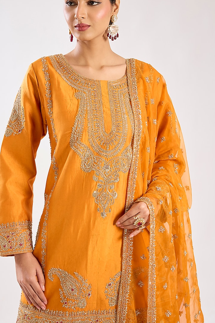 Rust Chanderi Silk Sequins Embellished Bridal Sharara Set by Kalighata at Pernia's Pop Up Shop