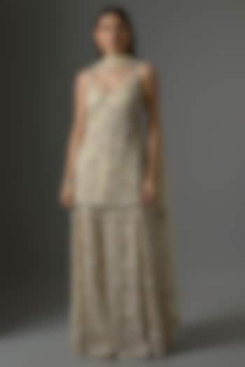 White Net Hand & Machine Embroidered Bridal Sharara Set by Kalighata at Pernia's Pop Up Shop