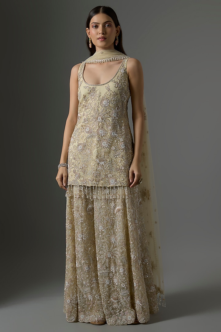 White Net Hand & Machine Embroidered Bridal Sharara Set by Kalighata at Pernia's Pop Up Shop