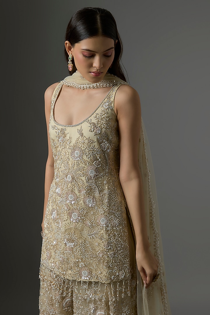 White Net Hand & Machine Embroidered Bridal Sharara Set by Kalighata at Pernia's Pop Up Shop