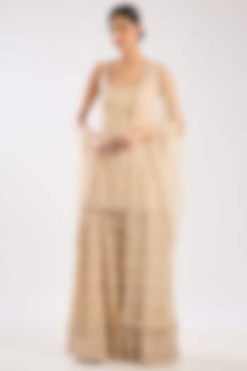 Peach Net Hand & Machine Embroidered Bridal Sharara Set by Kalighata at Pernia's Pop Up Shop