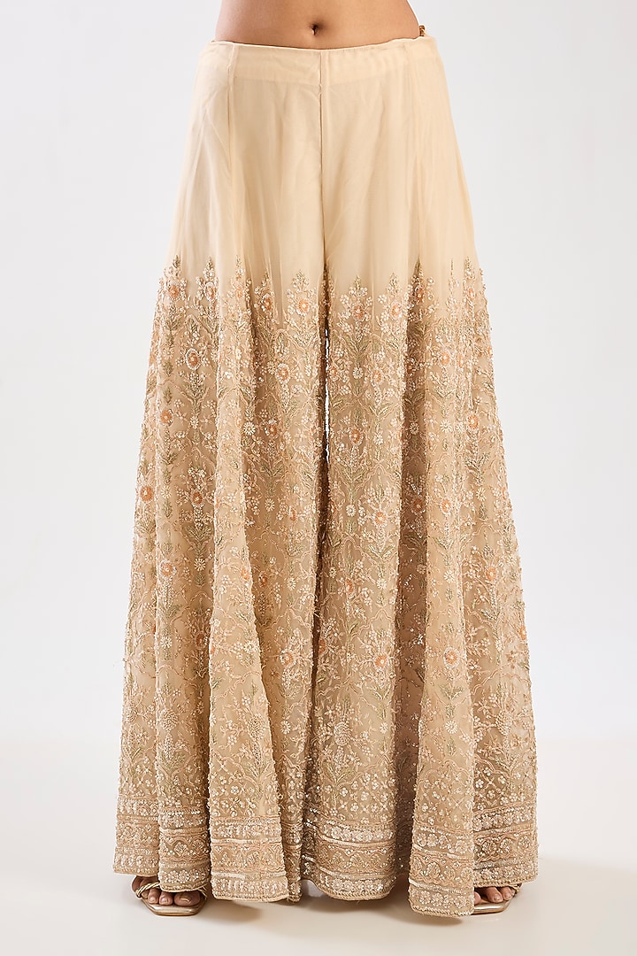 Peach Net Hand & Machine Embroidered Bridal Sharara Set by Kalighata at Pernia's Pop Up Shop