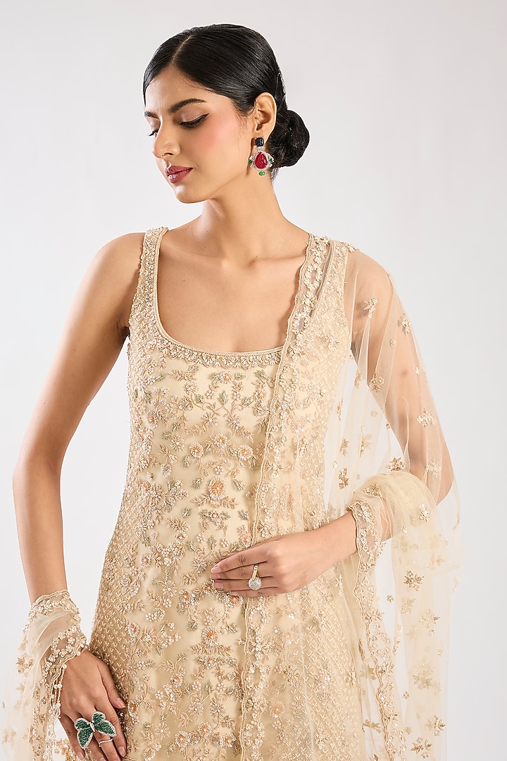 Peach Net Hand & Machine Embroidered Bridal Sharara Set by Kalighata at Pernia's Pop Up Shop