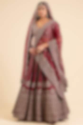 Maroon Raw Silk Bridal Lehenga Set by Kalighata at Pernia's Pop Up Shop