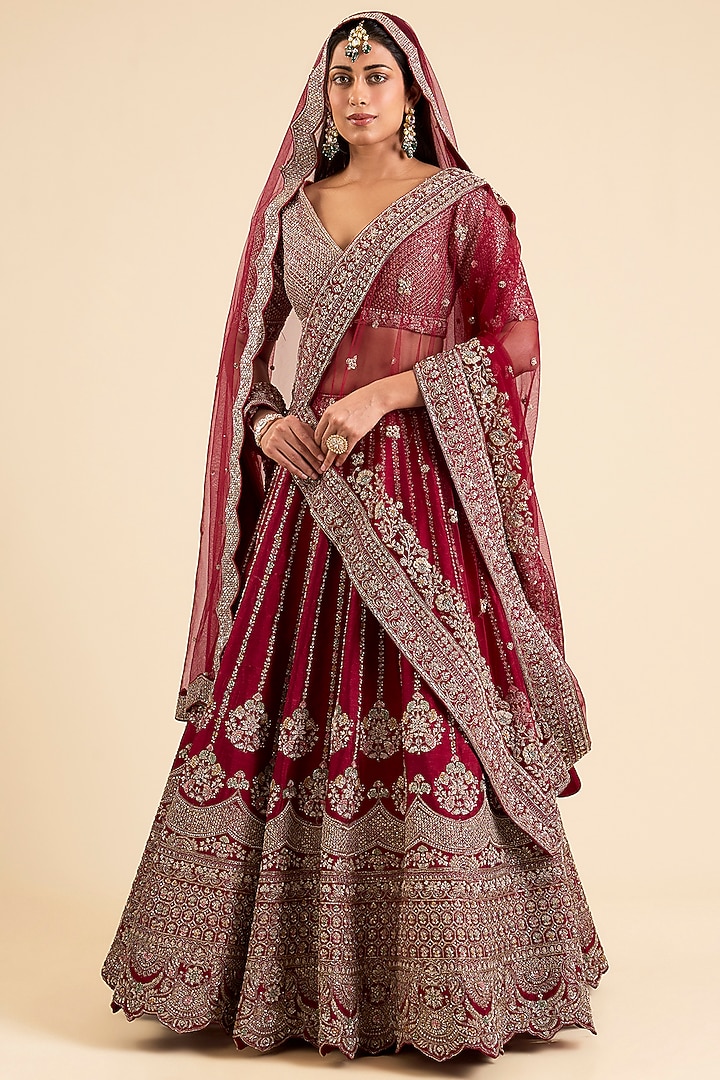 Maroon Raw Silk Bridal Lehenga Set by Kalighata at Pernia's Pop Up Shop