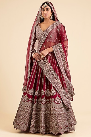 Maroon Raw Silk Lehenga Set by Kalighata