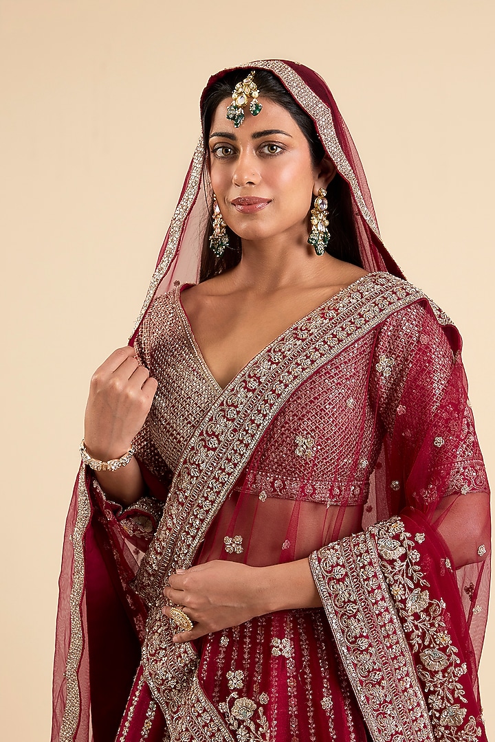Maroon Raw Silk Bridal Lehenga Set by Kalighata at Pernia's Pop Up Shop