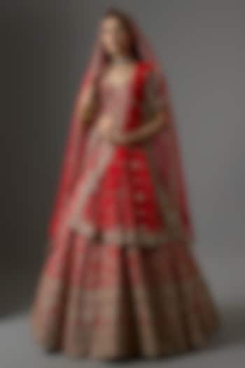 Red Raw Silk Zari Hand & Machine Embroidered Bridal Lehenga Set by Kalighata at Pernia's Pop Up Shop