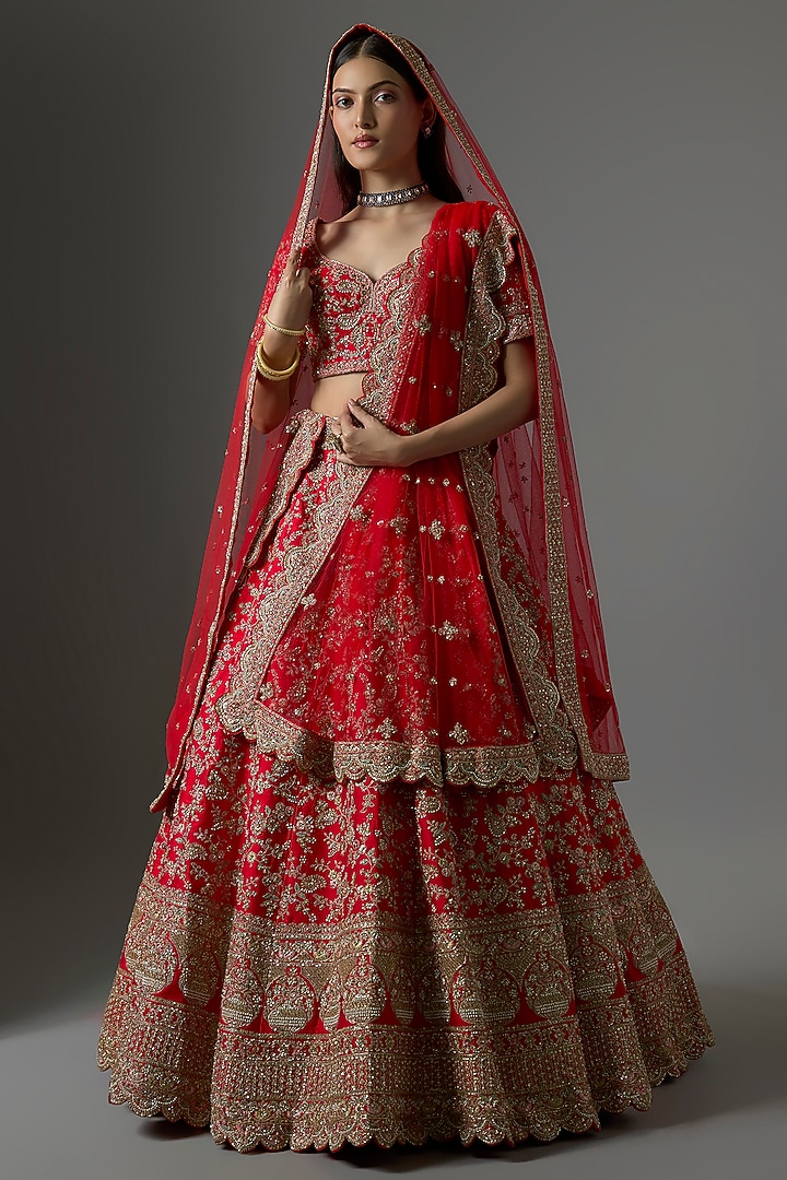 Red Raw Silk Zari Hand & Machine Embroidered Bridal Lehenga Set by Kalighata at Pernia's Pop Up Shop