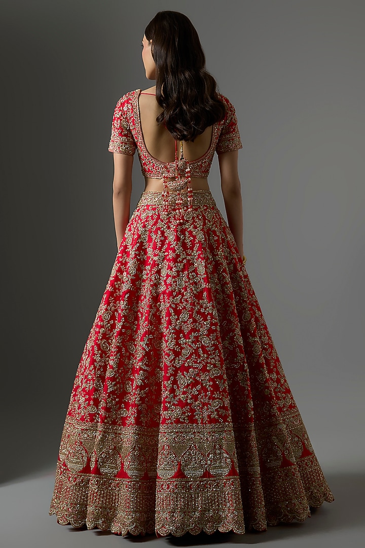Red Raw Silk Zari Hand & Machine Embroidered Bridal Lehenga Set by Kalighata at Pernia's Pop Up Shop