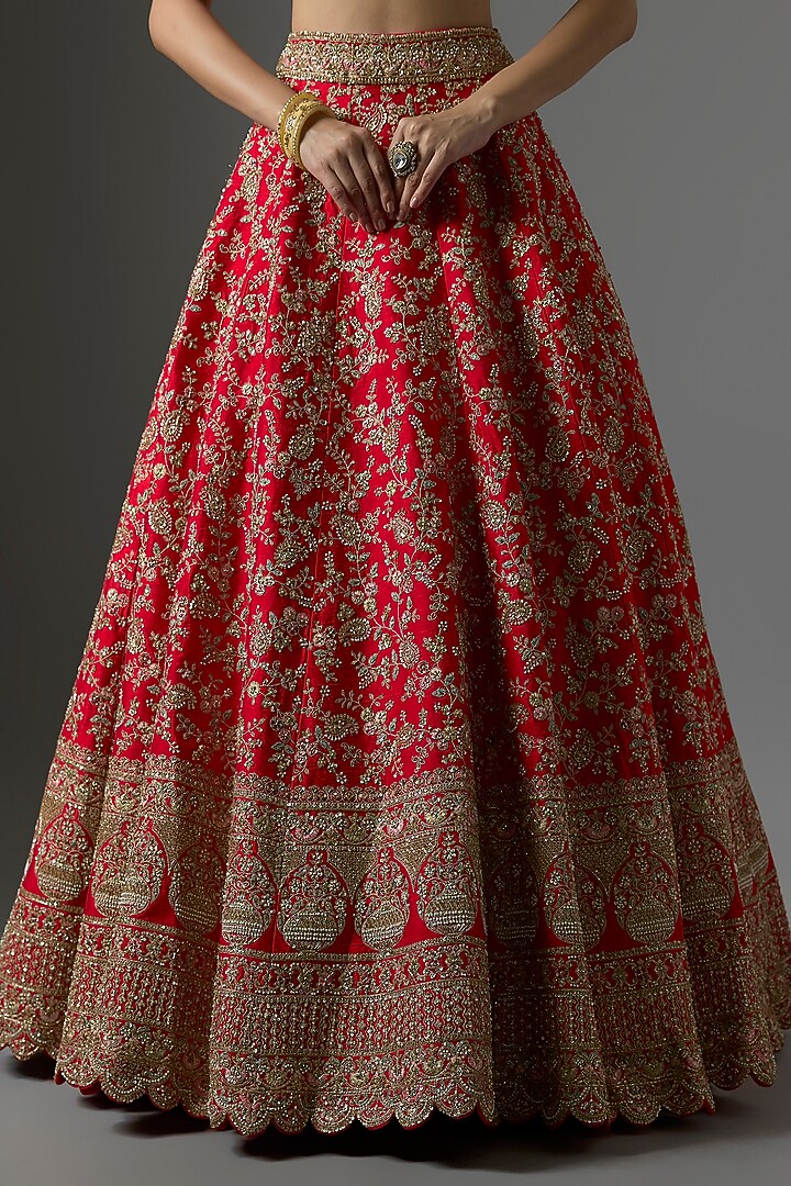 Red Raw Silk Zari Hand & Machine Embroidered Bridal Lehenga Set by Kalighata at Pernia's Pop Up Shop