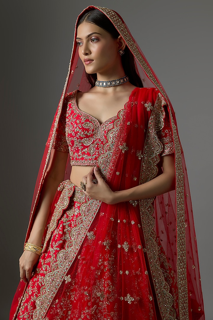 Red Raw Silk Zari Hand & Machine Embroidered Bridal Lehenga Set by Kalighata at Pernia's Pop Up Shop