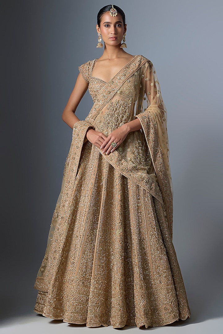Mousse Brown Velvet Embroidered Bridal Lehenga Set by Kalighata at Pernia's Pop Up Shop