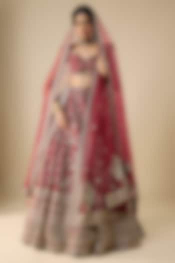 Red Raw Silk Zari Hand Embroidered Bridal Lehenga Set by Kalighata at Pernia's Pop Up Shop