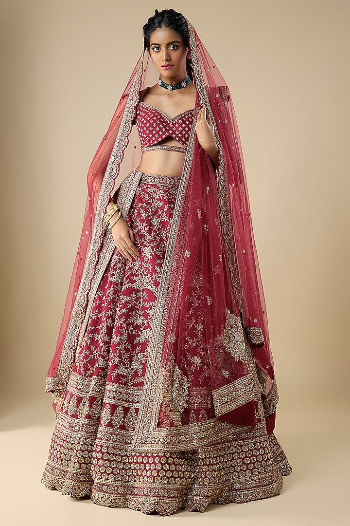 Red Raw Silk Zari Hand Embroidered Bridal Lehenga Set by Kalighata at Pernia's Pop Up Shop