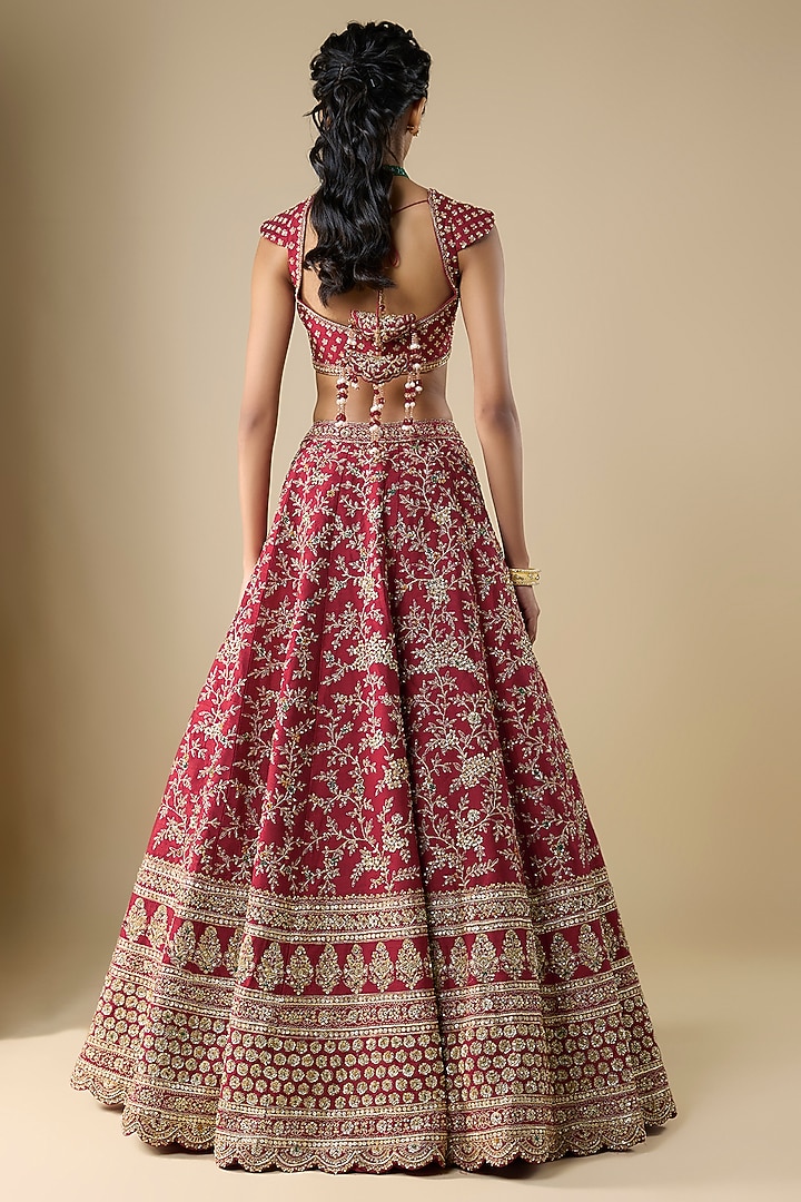 Red Raw Silk Zari Hand Embroidered Bridal Lehenga Set by Kalighata at Pernia's Pop Up Shop