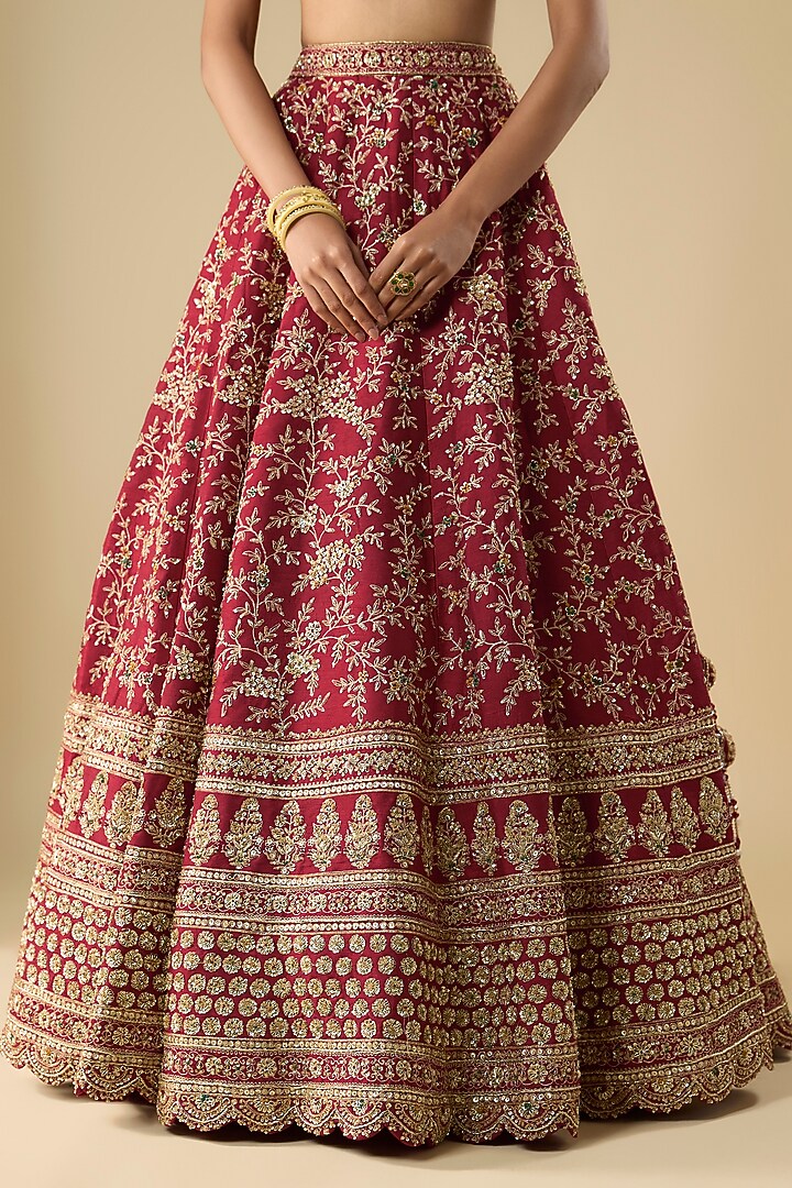 Red Raw Silk Zari Hand Embroidered Bridal Lehenga Set by Kalighata at Pernia's Pop Up Shop