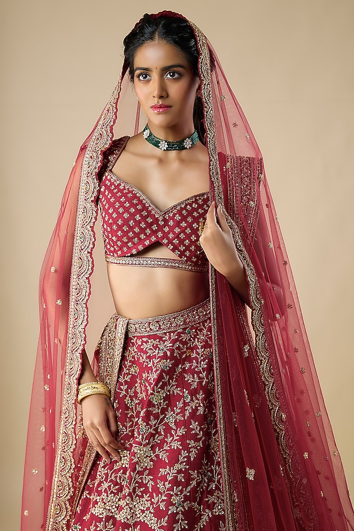 Red Raw Silk Zari Hand Embroidered Bridal Lehenga Set by Kalighata at Pernia's Pop Up Shop