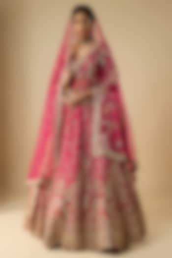 Red Raw Silk Zari Hand Embroidered Bridal Lehenga Set by Kalighata at Pernia's Pop Up Shop