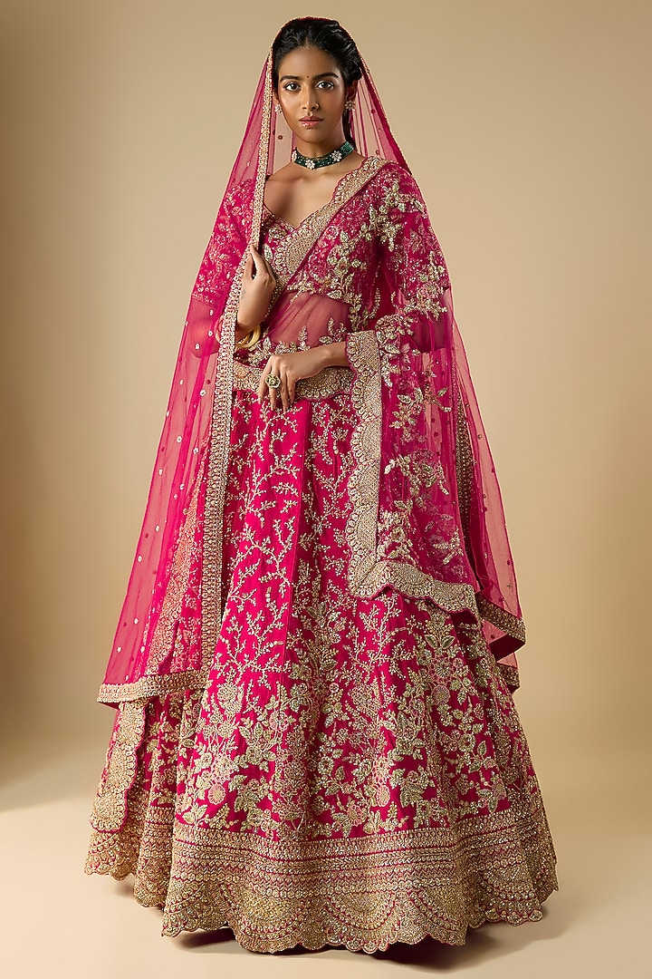Red Raw Silk Zari Hand Embroidered Bridal Lehenga Set by Kalighata at Pernia's Pop Up Shop