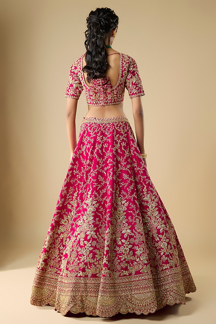 Cherry Red Raw Silk Zari Hand Embroidered Bridal Lehenga Set by Kalighata at Pernia's Pop Up Shop